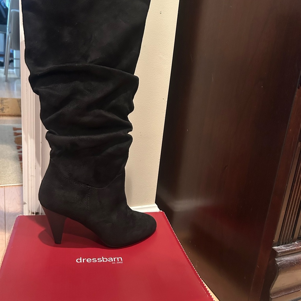 Dressbarn Black Over the Knee Boots with Ruched Texture